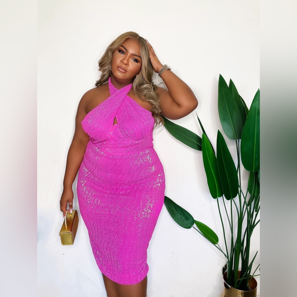 Plt Plus Hot Pink Sequin Cross Over Halterneck Underbust Detail Bodycon Dress